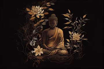 Deurstickers Watercolor Illustration of a Golden Buddha Statue With Flower, Dark Simple Background, Dark Background, Simple Illustration Digital Design Art Style. Generative AI © Pixel Matrix