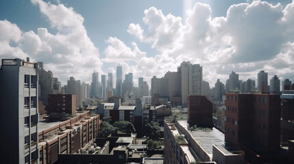 Fototapeta na wymiar city_over_a_sunny_terrace_of_tall_buildings_blue_skies_Generated with Midjourney AI