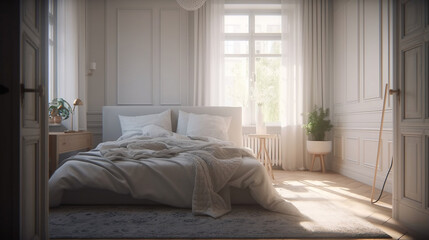 A_cozy_white-backed_bedroom_with_bright_sunshine_on_the_front_Generated with Midjourney AI