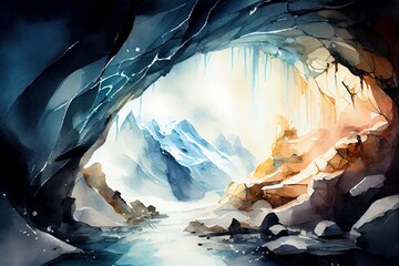 Watercolor Illustration of a Inside View Of Ice Caves With Icicles And The Mountain Landscape Outside. Generative AI