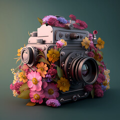 Fictional vintage camera covered in floral. Created using ai generative. 