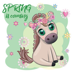 Cute cartoon horse, pony for card with flowers, spring is coming
