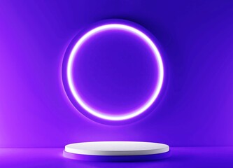 Purple realistic 3d cylinder stand podium with glowing neon in circle shape. Abstract 3D Rendering geometric forms. Minimal scene. Stage showcase, Mockup product display.
