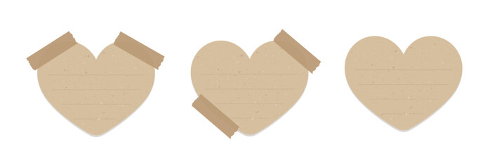 Vintage heart shape brown paper note set. Valentines day theme memo paper with adhesive tape.