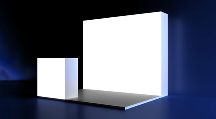 Blank white trade exhibition booth system stand. Trade show booth white and blank. Blank indoor exhibition with work paths. Exhibition stand mockup and flat used for branding and corporate identity. 