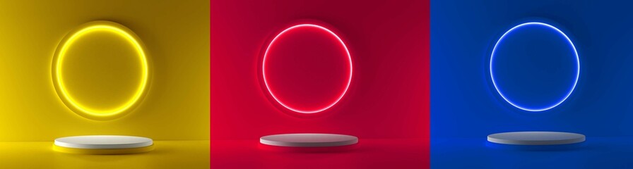 Set of blue, yellow and red realistic 3d cylinder pedestal podium with circle neon lamp background. Abstract 3d rendering geometric forms. Minimal scene. Stage showcase, Mockup product display.

