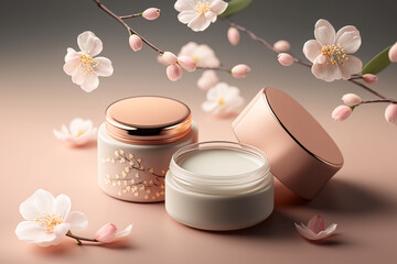 Obraz na płótnie Canvas Natural organic eco cosmetics in open jars with blooming cherry flowers, beauty and SPA theme. Cosmetic containers with cream or lotion, natural ingredients, face care concept. AI generated image.