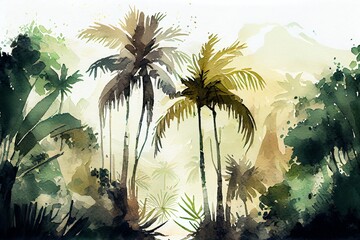 Watercolor Illustration of a Palm Trees In A Jungle Forest, Landscape. Generative AI