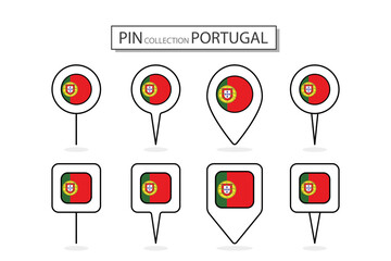 Set of flat pin Portugal flag  icon in diverse shapes flat pin icon Illustration Design.