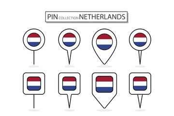 Set of flat pin Netherlands flag  icon in diverse shapes flat pin icon Illustration Design.