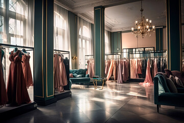 interior of a haute couture evening dress shop. High fashion concept, haute couture, designer. Illustration. Generative AI