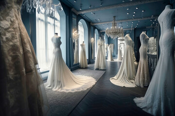 luxurious wedding dresses on display in a large haute couture store. designs for the bridal link. Design and fashion. Illustration. Generative AI