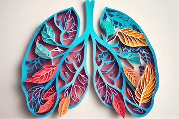 Watercolor Illustration of a Paper Cut Lungs Bright Illustration. Quilled Medical Body Organ Papercut Design. Generative AI