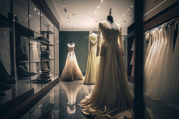 interior of a haute couture evening dress shop. High fashion concept, haute couture, designer. Illustration. Generative AI
