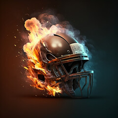 Football helmet on fire on dark background. Created using ai generative. 