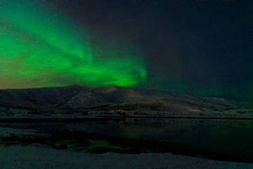 Fototapeta na wymiar aurora borealis northern lights in karvik town of tromso, norway