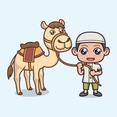 cute muslim boy cartoon with camel