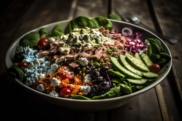 A very delicious salad, with greens and protein - Illustraton created with generative ai