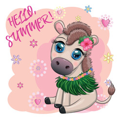 A cute donkey in a flower wreath with a guitar, a hula dancer from Hawaii. Summer card for the festival, travel banner
