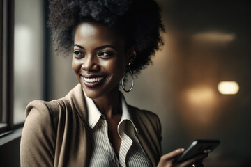 Portrait of black confident african american afro haired business woman smiling, holding an smart phone and looking right. Empowered concept. Generative AI.
