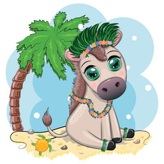 A cute donkey in a flower wreath with a guitar, a hula dancer from Hawaii. Summer card for the festival, travel banner