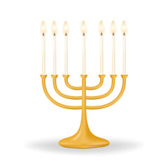 Menorah featuring seven candles on a clean white background. Illuminate your celebration with a stunning gold Menorah featuring seven candles. Perfect for your Passover designs. Vector illustration. 
