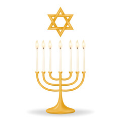 Celebrate Passover with these iconic menorah and star of David symbols in gold. Menorah featuring seven candles, star of David in a gold color on a clean white background. Vector illustration.
