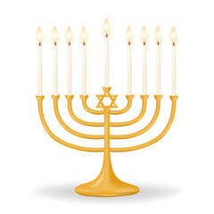 Gold Hanukkiah with nine candles on a clean white background. Ganukkah menorah for nine candles. Perfect for your holiday designs. Vector illustration.