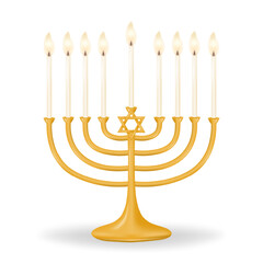 Traditional gold menorah with nine lit candles and Star of David. Isolated on transparent background. Vector illustration.