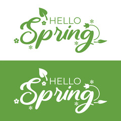 Hello spring hand lettering text as logotype, badge and icon, postcard, card, invitation, banner template. Special spring sale typography poster. 