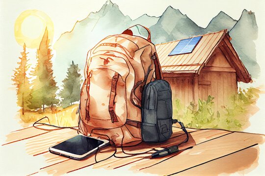 Watercolor Illustration of A Backpack With A Solar Panel. Generative AI