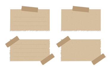Vintage brown torn paper note set. Recycled memo paper with adhesive tape vector illustration.