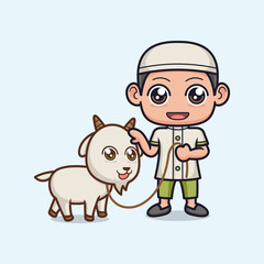 cute muslim boy cartoon with goat