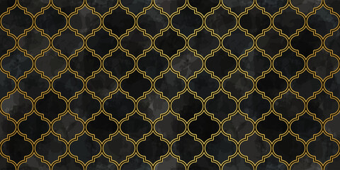 Moroccan Seamless Pattern. Arabic Mosaic Watercolor Ornament. Eid Mubarak Muslim Background. Ramadan Kareem Islamic Illustration. Turkish Mosque Window Shape.