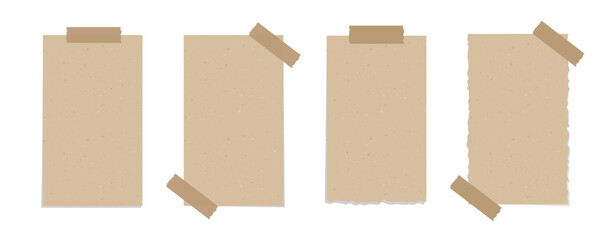 Taped vintage brown torn paper illustration set. Recycled memo note paper with adhesive tape mockup.
