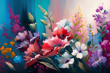 A Garden Symphony with the stunning colorful flowers in oil painting - Generative Ai