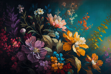 A Garden Symphony with the stunning colorful flowers in oil painting - Generative Ai