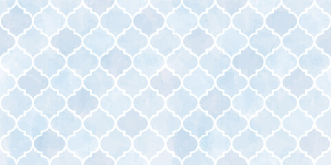 Fototapeta na wymiar Moroccan Seamless Pattern. Arabic Mosaic Watercolor Ornament. Eid Mubarak Muslim Background. Ramadan Kareem Islamic Illustration. Turkish Mosque Window Shape.