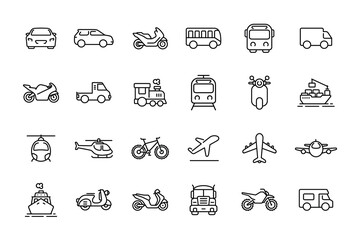 Transportation line icon set isolated on white background