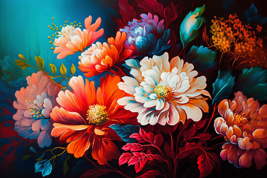 Colorful flowers on a canvas painted with oil paints - Generative Ai