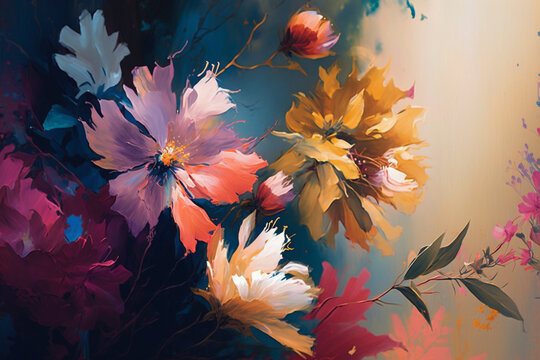 A Garden Symphony with the stunning colorful flowers in oil painting - Generative Ai