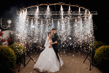 First wedding dance of newlywed. Happy bride and groom their first dance. brides wedding party in...