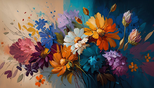 Beautiful canvas of vivid flowers in oil painting - Generative Ai