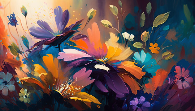 Beautiful wallpapers of colorful flowers painted at oil - Generative Ai