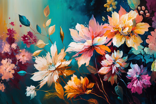 Fototapeta Beautiful wallpapers of colorful flowers painted at oil - Generative Ai