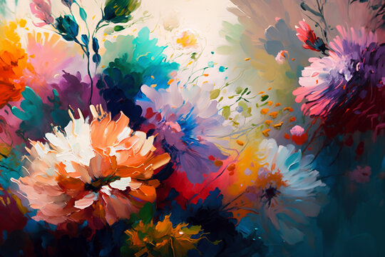 A Canvas of multicolor Flowers in oil painting - Generative Ai