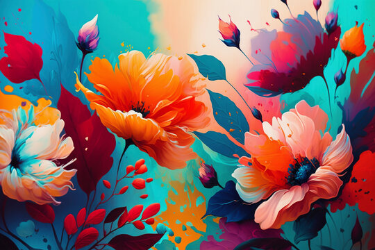 Beautiful wallpapers of colorful flowers painted at oil - Generative Ai
