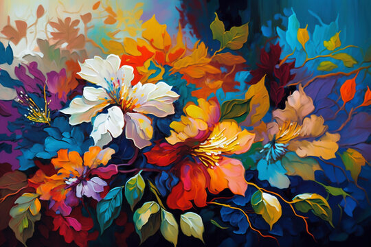 A Canvas of multicolor Flowers in oil painting - Generative Ai
