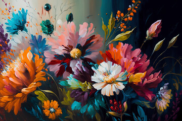 Vivid Flowers Fields, beautiful pattern in oil painting - Generative Ai
