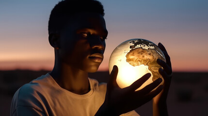 Young African person holding an illuminated Earth globe in front of their face. with a renewed sense of hope for humanity. Generative Ai